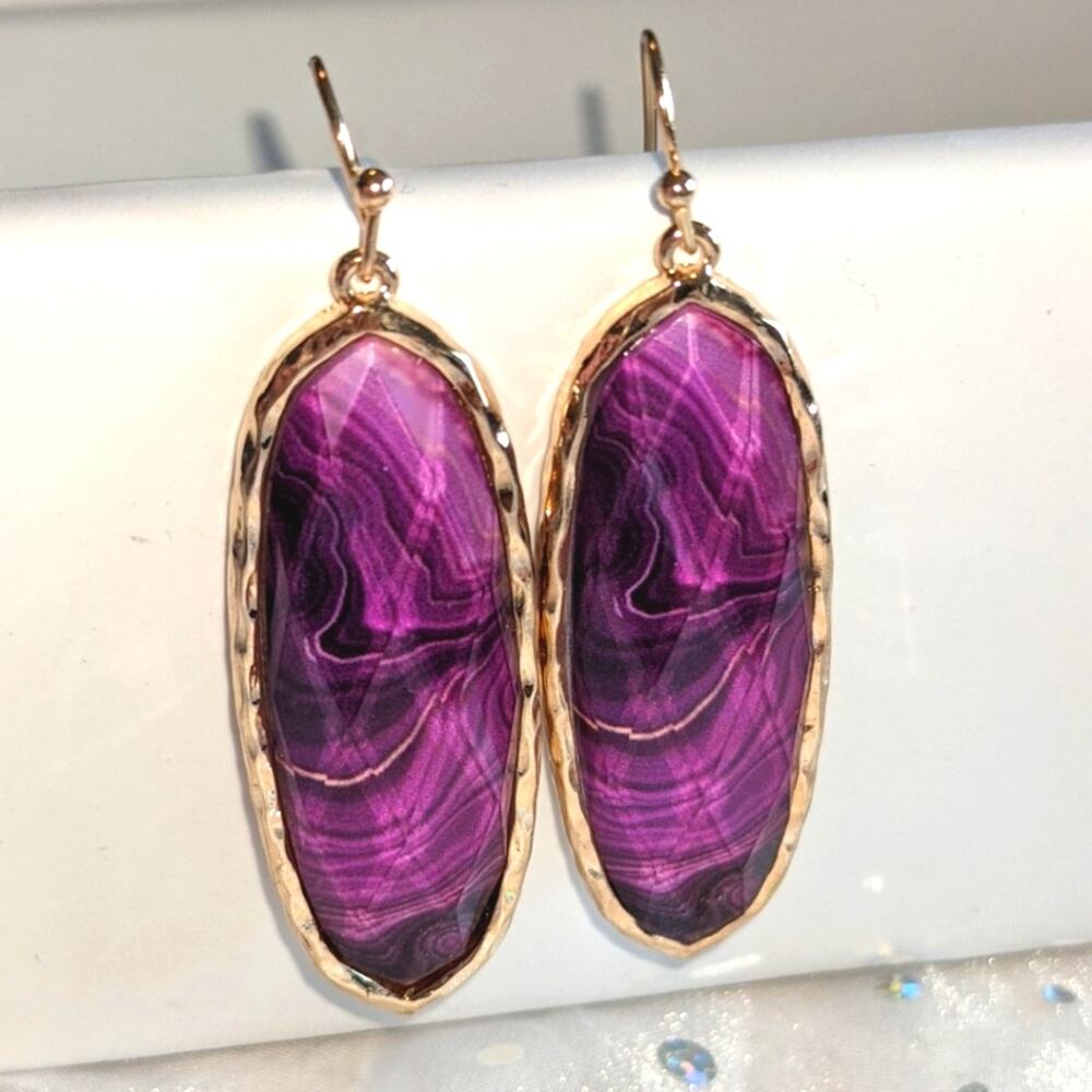 PURPLE Agate Look Oval Large Earrings with Gold Tone Hardware NEW